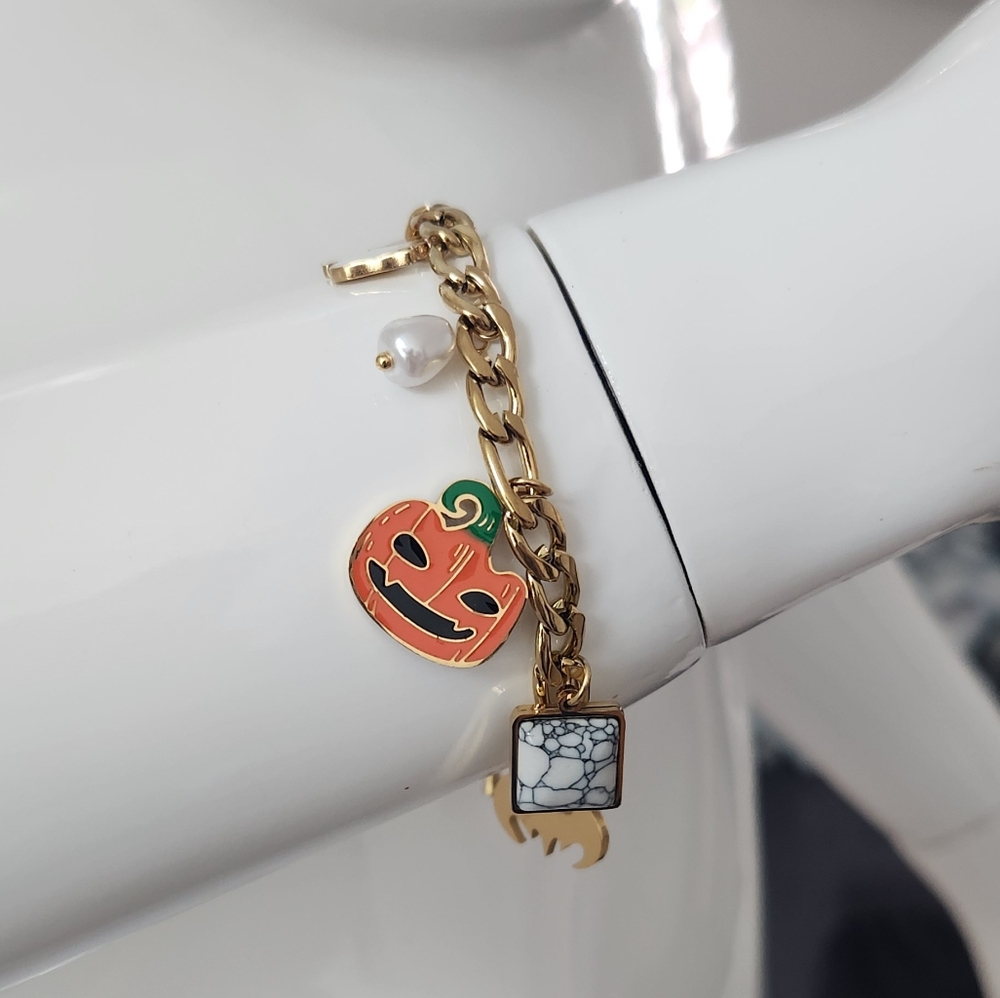 Halloween Gold Plated Stainless Steel Pumpkin Ghost Multi Pendant Charm Bracelet - Picture 4 of 9